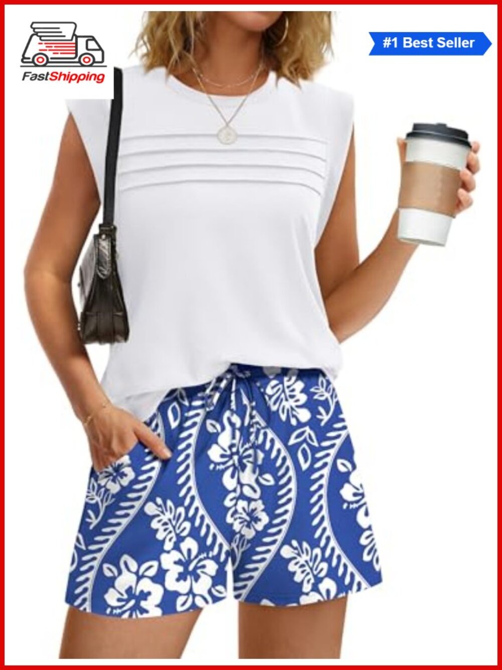 ✨ Two Piece Short Set Sleeveless Top Ruch Drawstring Shorts Pockets Polyester